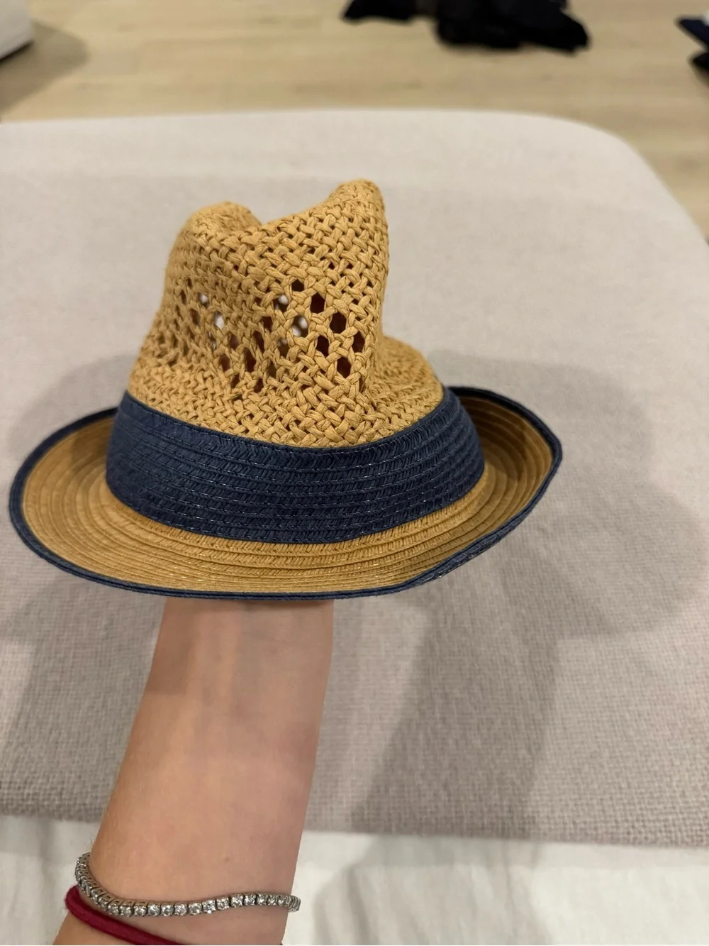 Two-Tone Straw Fedora Hat for kids - Tan and Navy